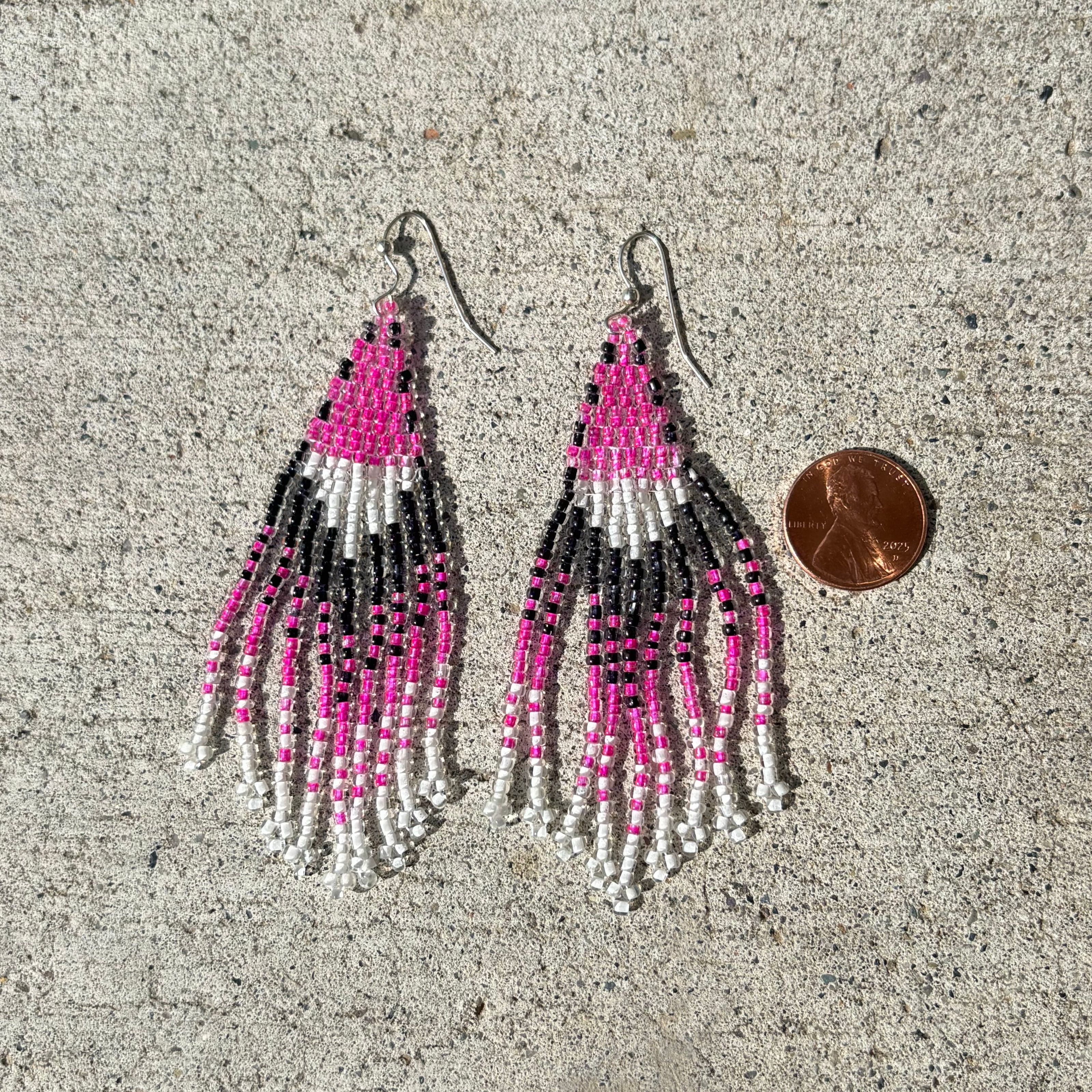 Handmade Pink Black White Beaded Fringe Earrings Sterling Silver 925